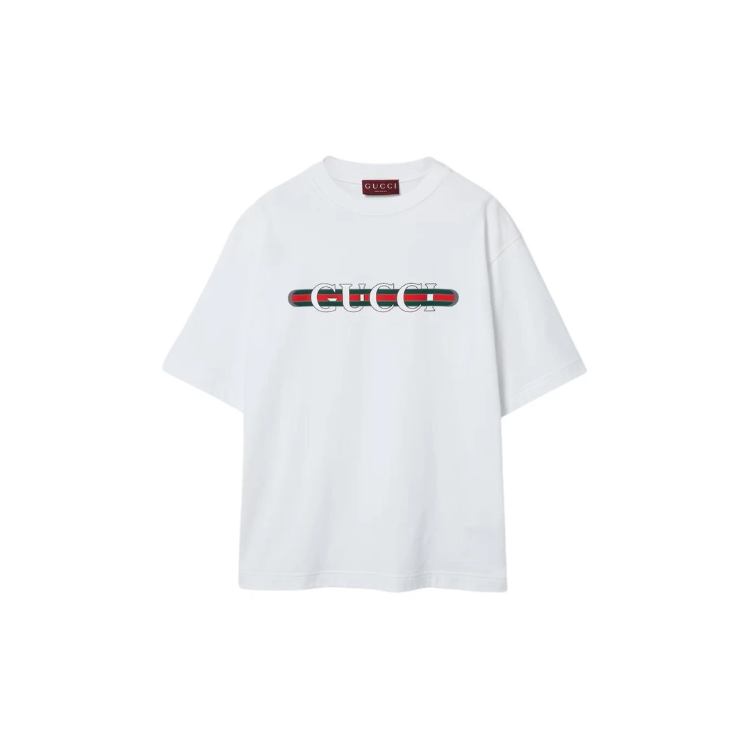 全新未使用 GUCCI/古驰 白色红绿字母印花logo休闲圆领短袖T恤