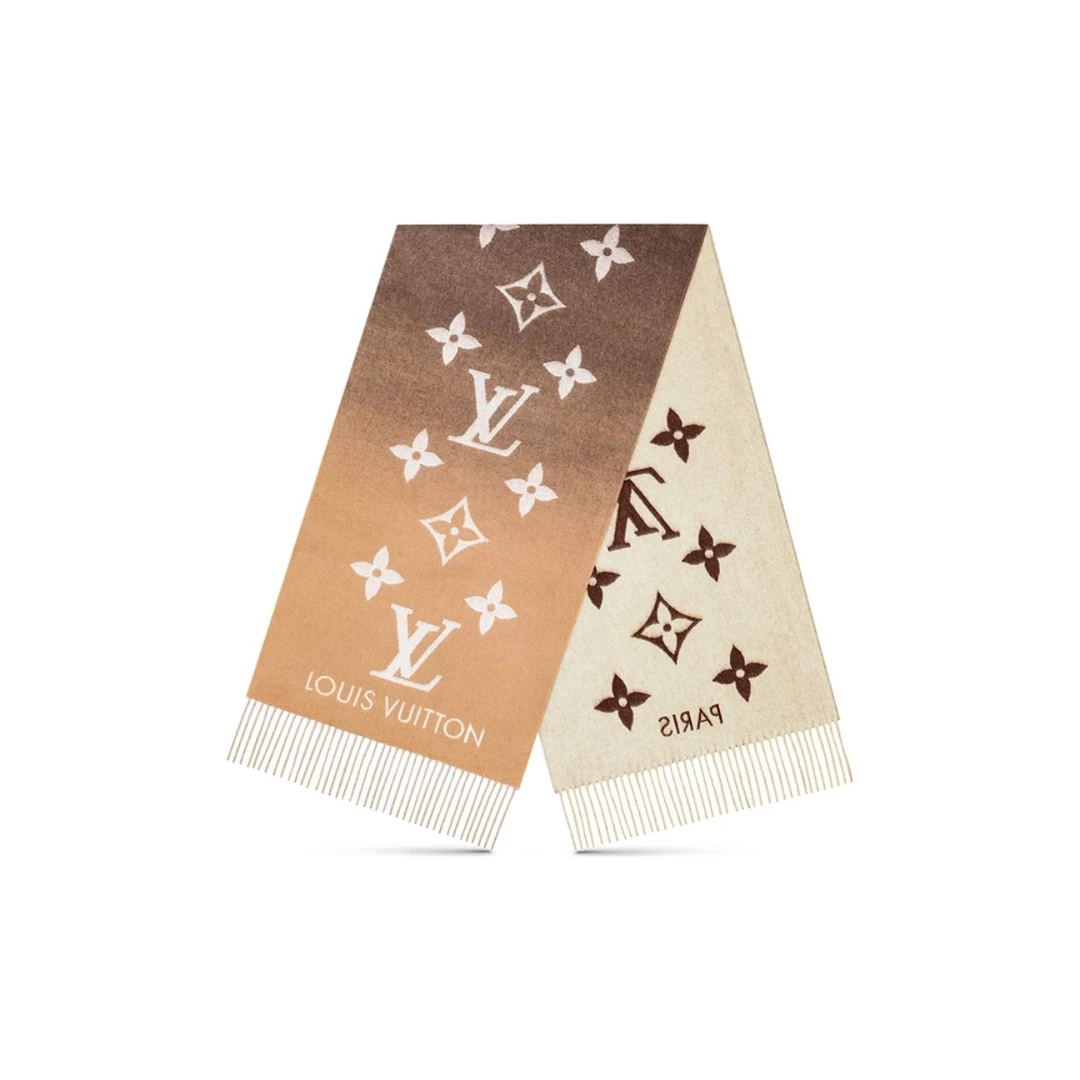全新未使用 LouisVuitton/路易威登 米色渐变老花流苏羊绒围巾