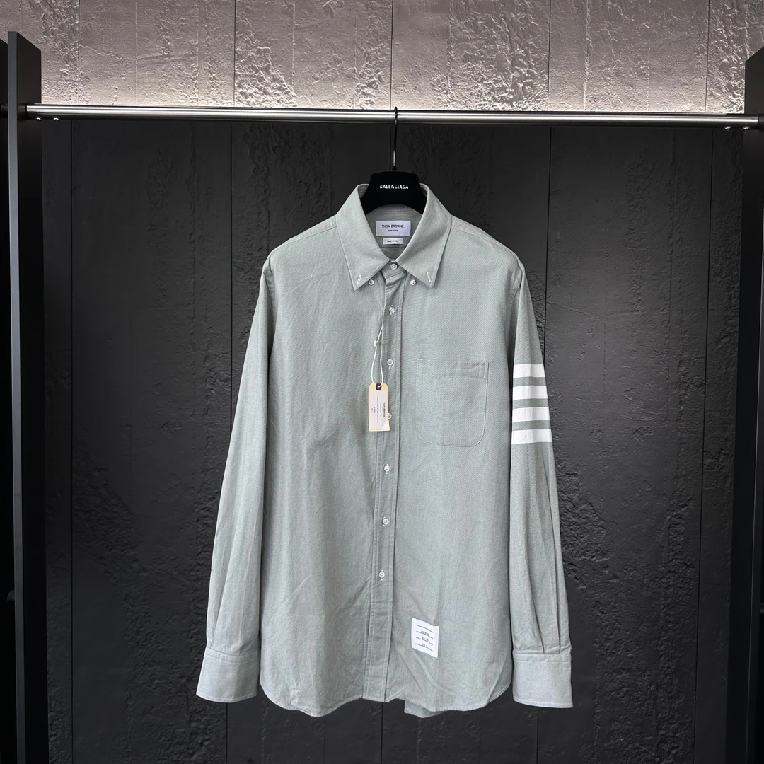 全新未使用 THOMBROWNE 灰绿色经典四条杠格纹时尚休闲长袖衬衫