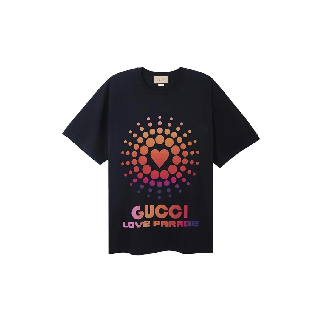 全新未使用 GUCCI/古驰 黑色爱心字母印花logo休闲圆领短袖T恤