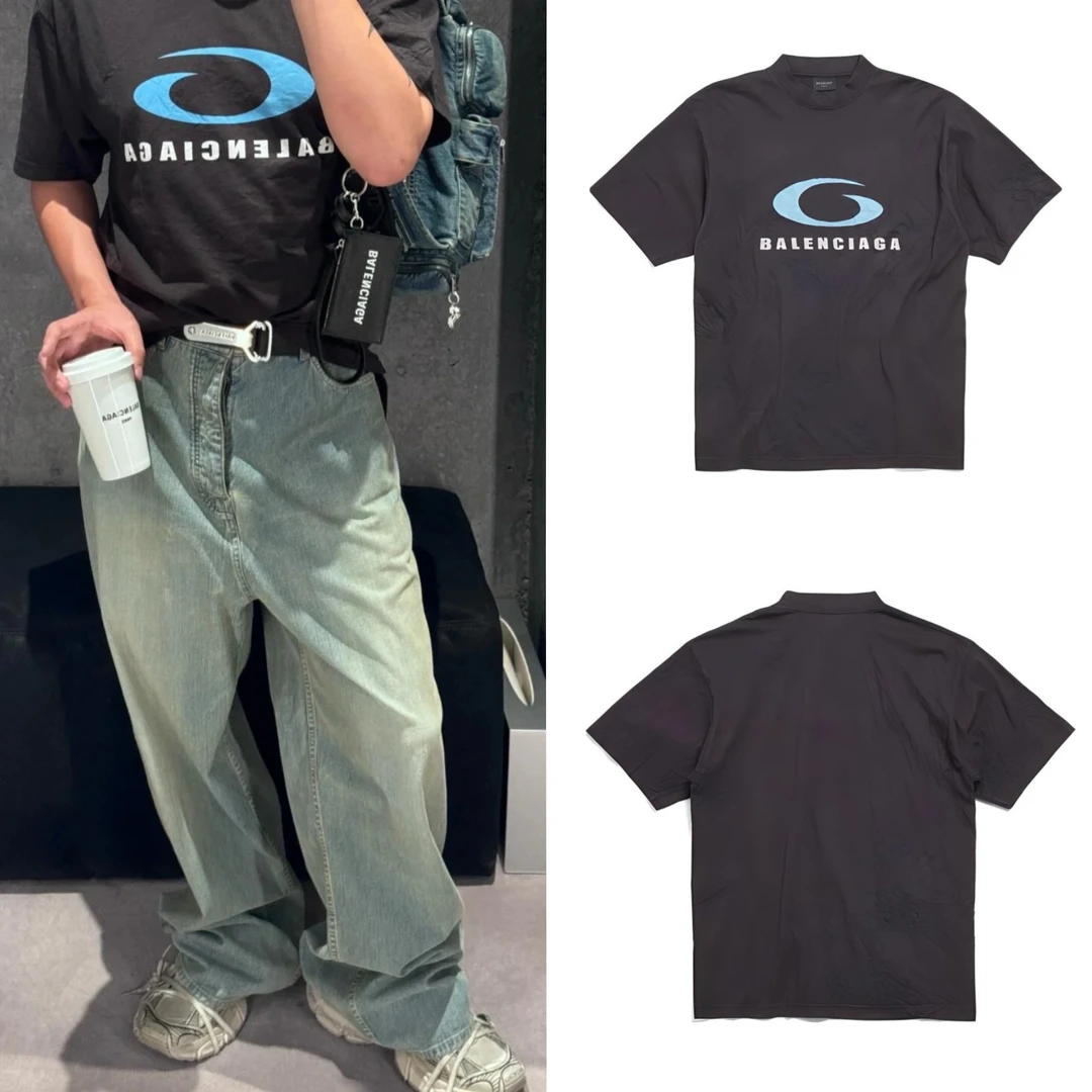 全新未使用 Balenciaga/巴黎世家 水洗黑循环运动标志印花短袖T恤