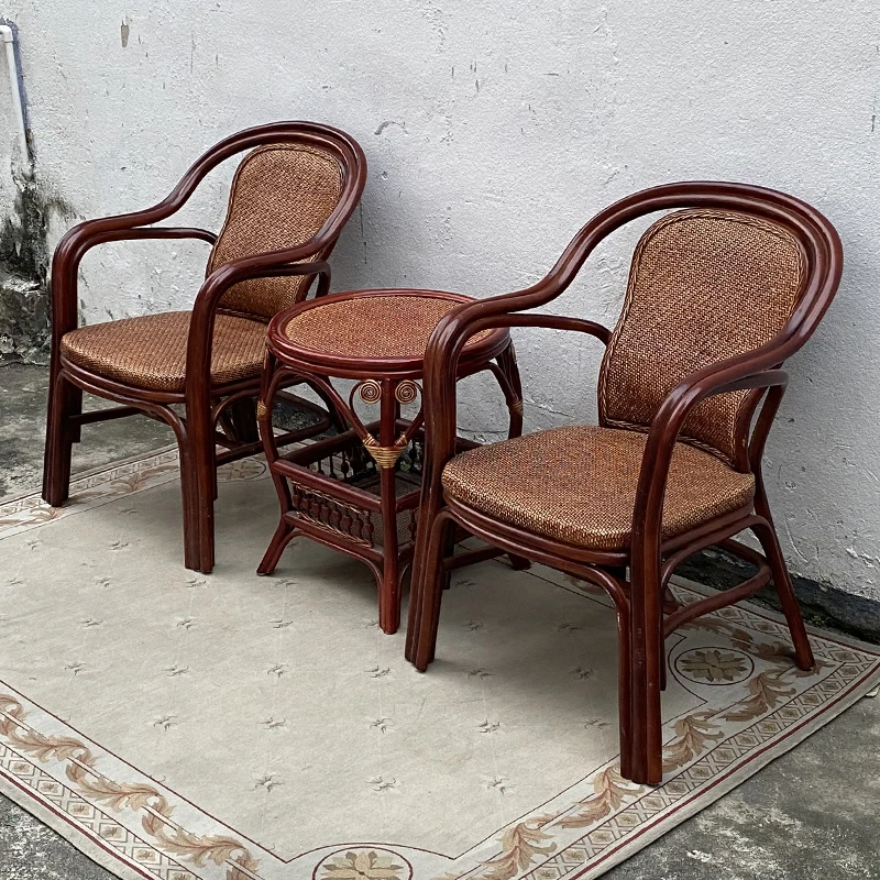 高靠背藤椅三五件套印尼真藤编织阳台家用桌椅办公茶几客厅单人椅