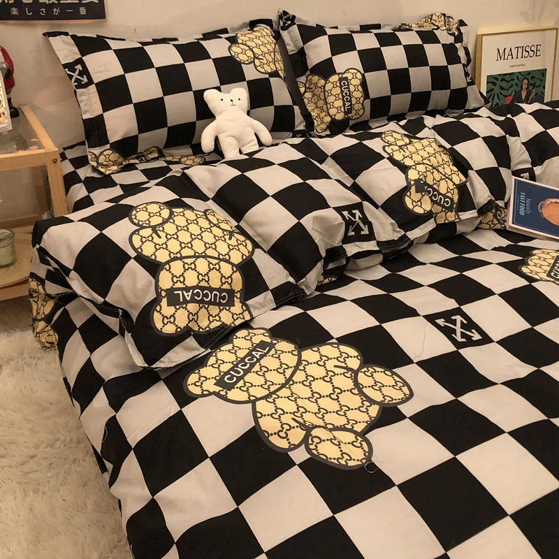 黑格卡通小熊四件套黑色简约床单被套卡通可爱潮牌床上用品三件套