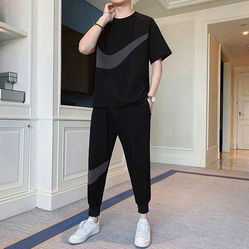 休闲套装男夏季新款圆领短袖T恤潮牌痞帅拼接一套薄款运动两件套