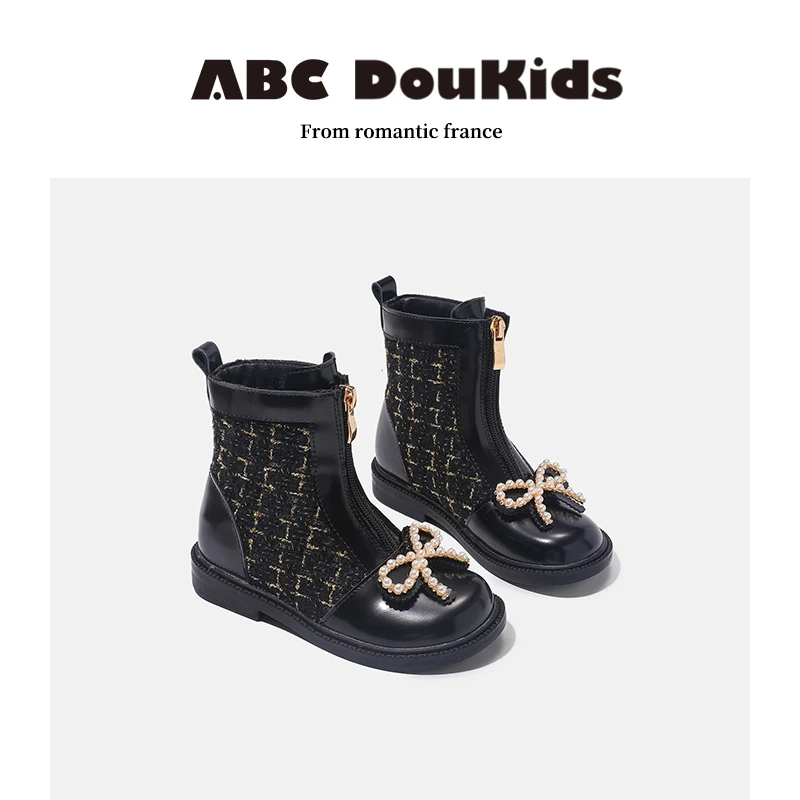 ABC Doukids女童靴子2025春季新款小香风儿童黑色皮靴软底公主靴