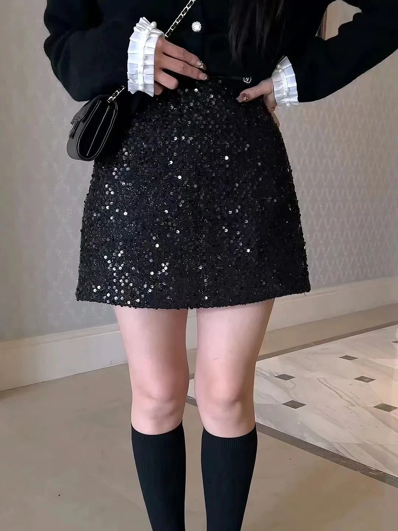 【小爱家】春季新款时尚高腰A字亮片显瘦半身裙