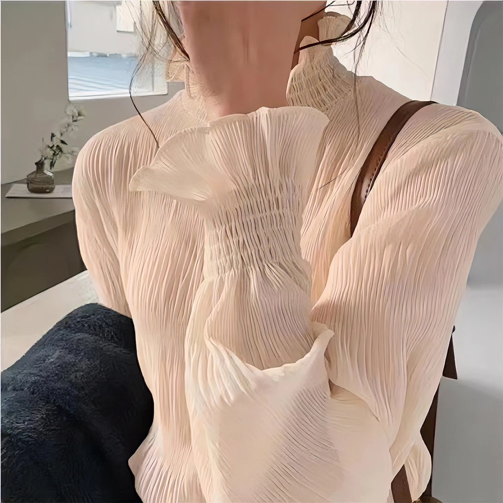 【小爱家】压褶韩版半高领女大码秋季百搭打底衫新款褶皱上衣