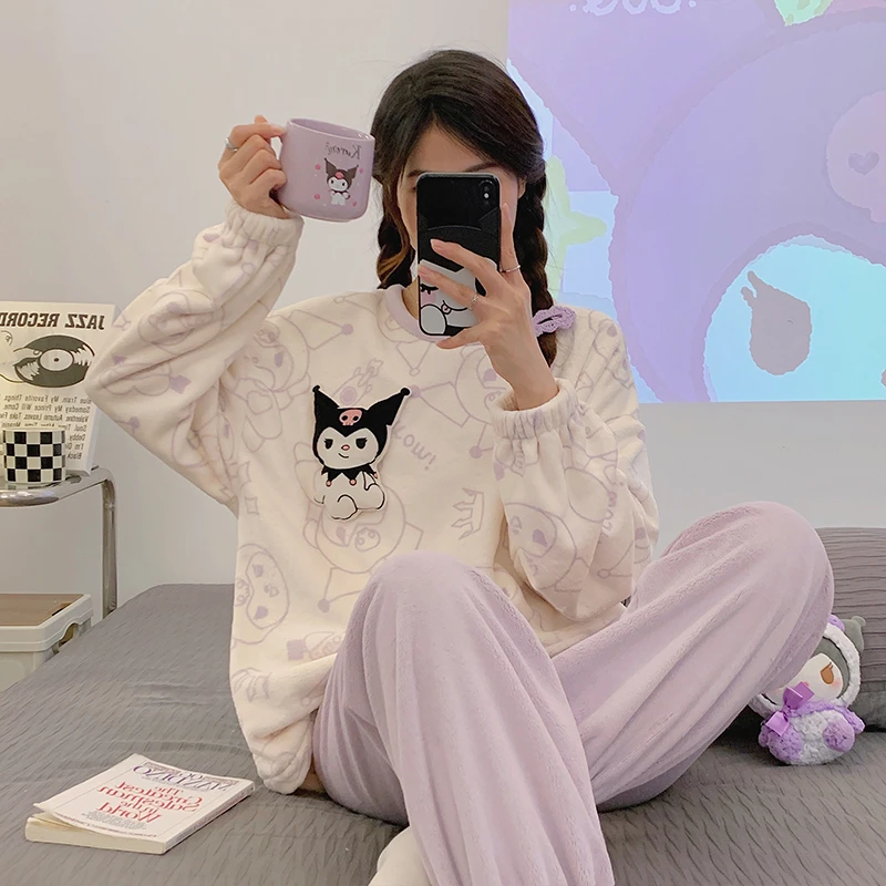 甜美珊瑚绒长袖睡衣女大码冬季保暖加厚卡通法兰绒学生家居服套装