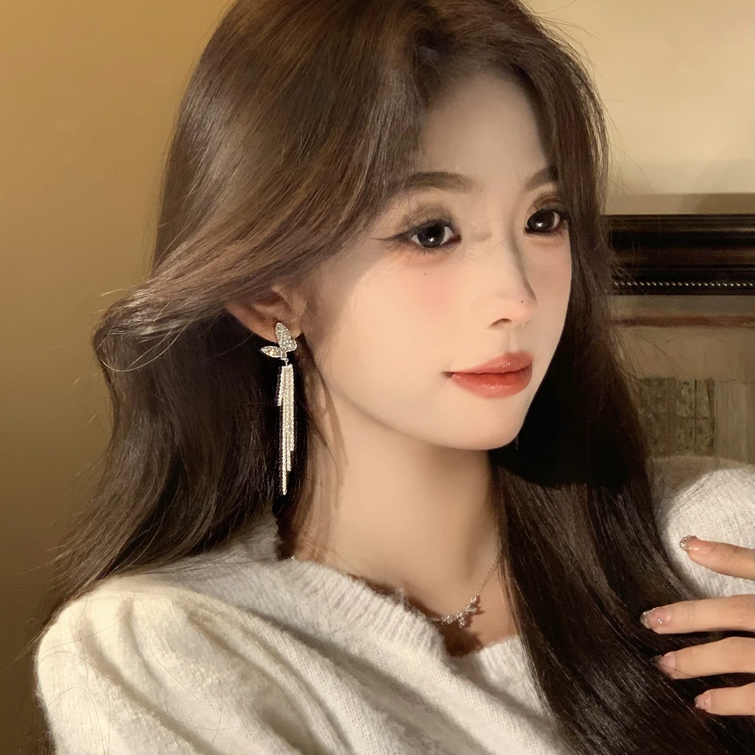 FULL GIRLISH耳环00511百搭蝴蝶满镶长款耳饰