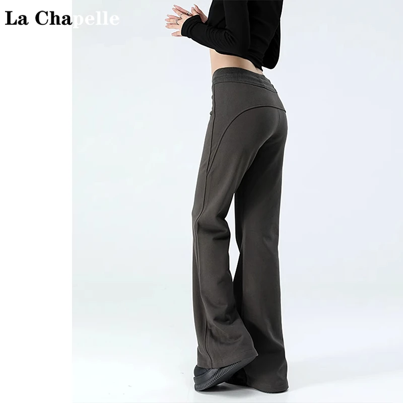 拉夏贝尔加绒高腰微喇休闲裤女2024秋冬新款慵懒风垂感喇叭运动裤