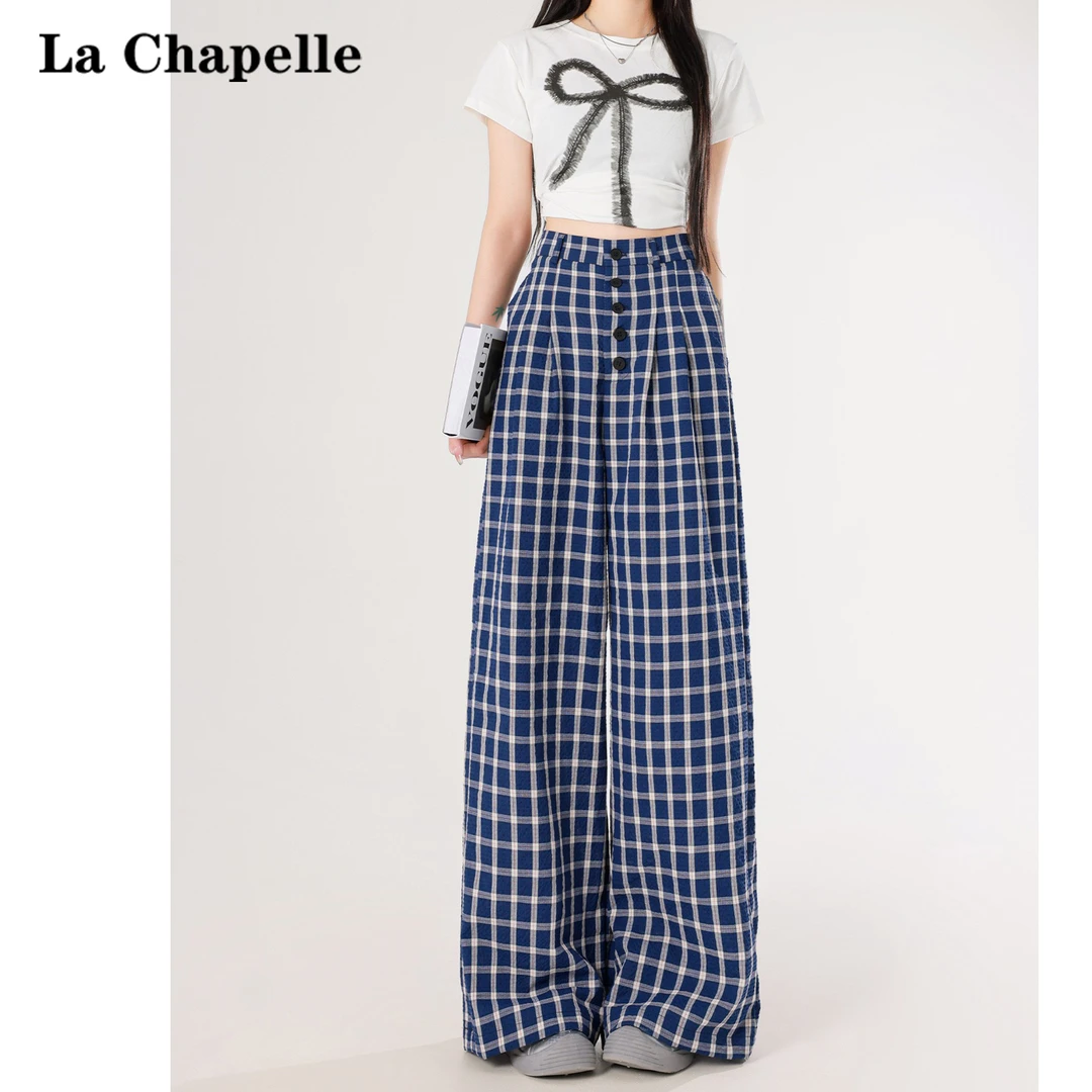 拉夏贝尔复古格子休闲裤女早秋2024新款慵懒宽松垂感直筒阔腿裤子