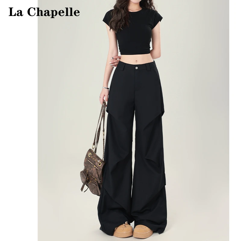 拉夏贝尔黑色美式工装裤女2025新款秋季高腰休闲直筒阔腿休闲长裤