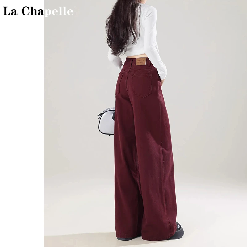 拉夏贝尔安哥拉红高腰阔腿牛仔裤女2025秋季新款宽松显瘦直筒长裤