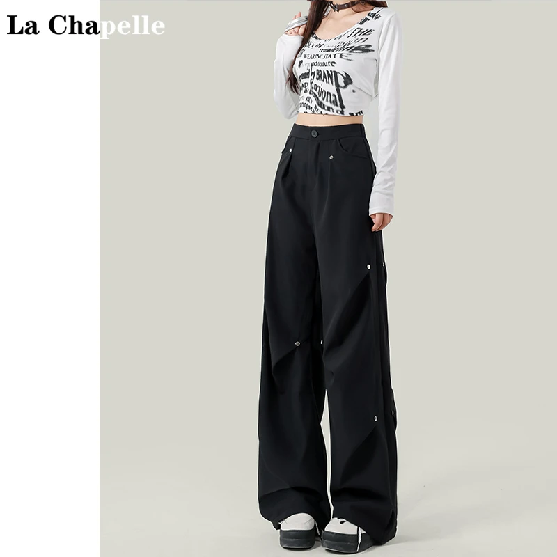 拉夏贝尔黑色高腰阔腿工装裤女2024冬季加绒褶皱设计感宽松休闲裤