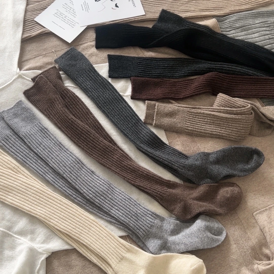 高端好货 羊毛过膝袜miu同款高筒大腿袜咖色绵纯色秋冬堆堆长袜
