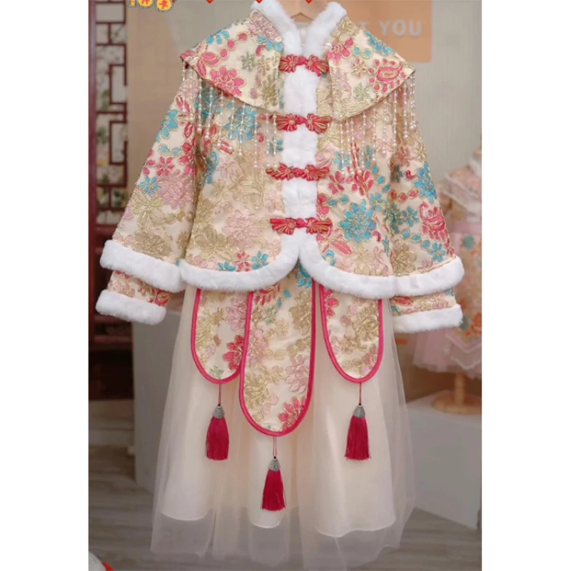 W850女童汉服冬装2022新款秋冬公主裙儿童裙子加绒洋气套装连衣裙