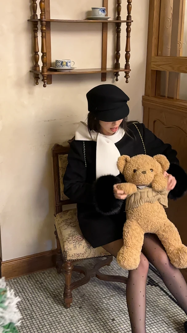 【蝴蝶结】冬季气质韩式百搭高级感白色加厚中长款宽松双面呢大衣