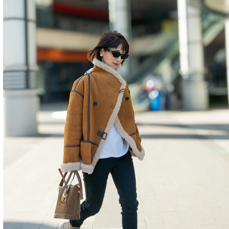 轻奢宽松休闲短外套冬季气质时尚羊毛一体外套女双面加厚LD2169