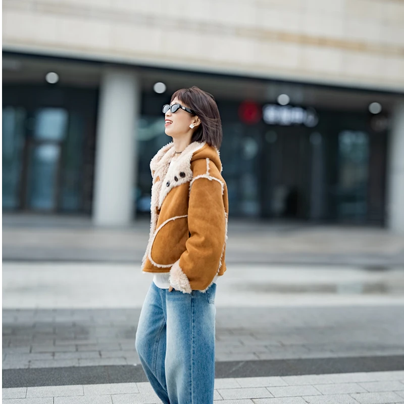 2024新款两面穿带帽澳洲100羊毛一体短款皮草外套女保暖LD8613