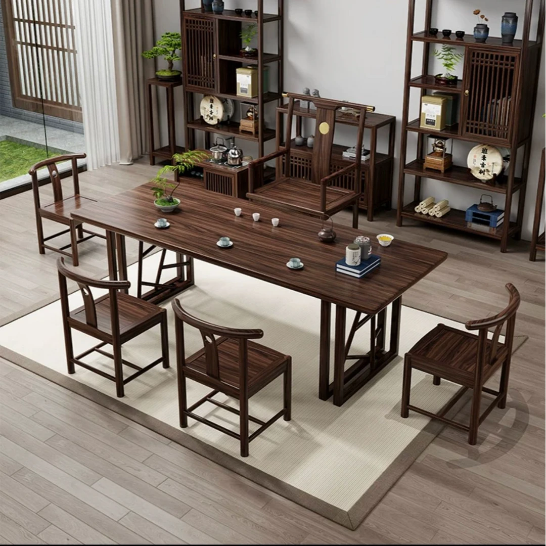 交叉腿乌金木茶台办公室茶台轻奢新中式客厅家用简约禅意茶桌椅