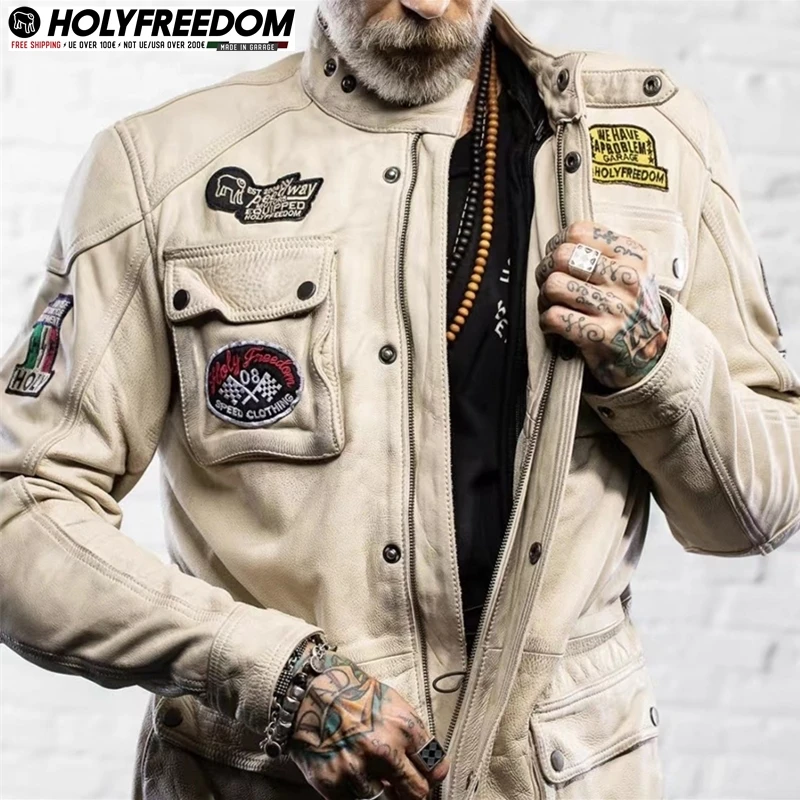 捡漏 Holyfreedom复古摩托车皮衣哈雷机车夹克白色做旧护具骑行服