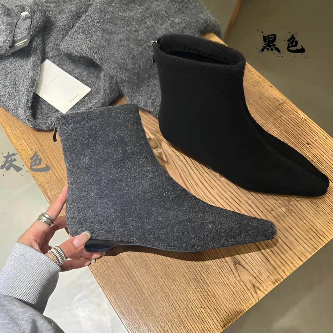 梦梦家/GUO 988-10 韩系小短靴高级毛呢ins风百搭尖头低跟瘦瘦靴