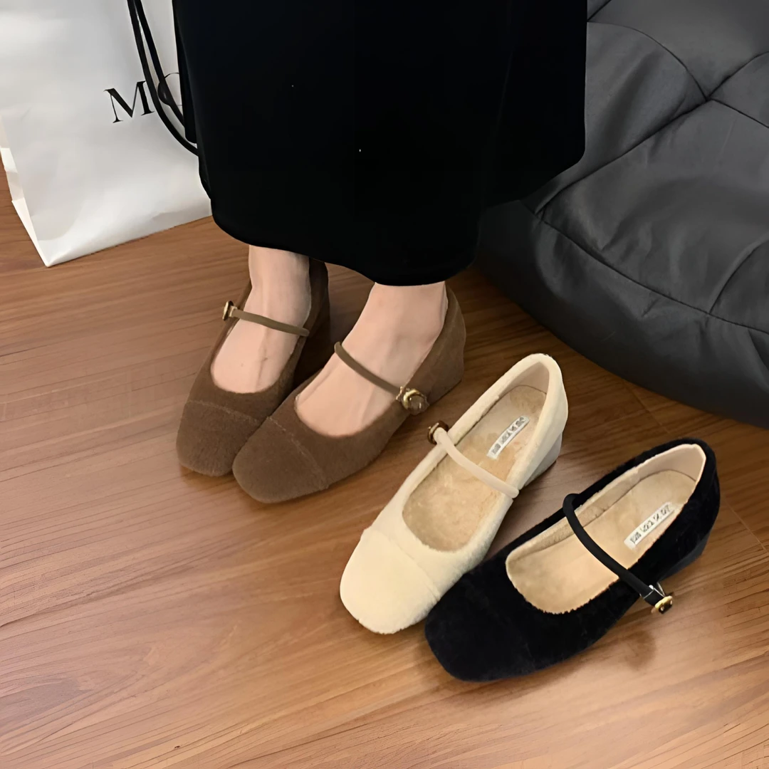 梦梦家/JIA 2022-35 法式温柔气质秋冬方头粗跟毛毛单鞋保暖加绒