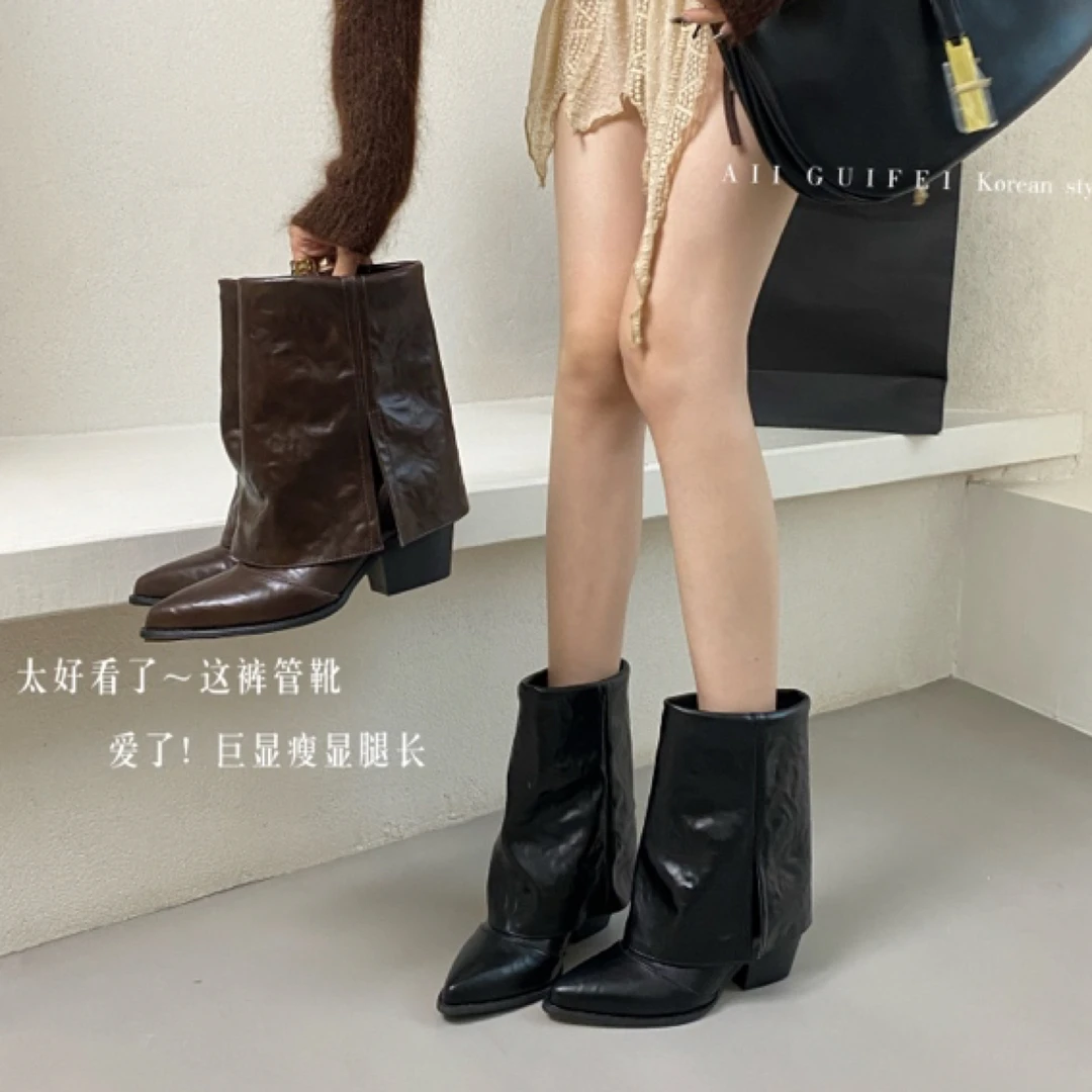 A N70-1 辣妹风黑色尖头裤管靴炸街小短靴女2024早秋季新款裸靴