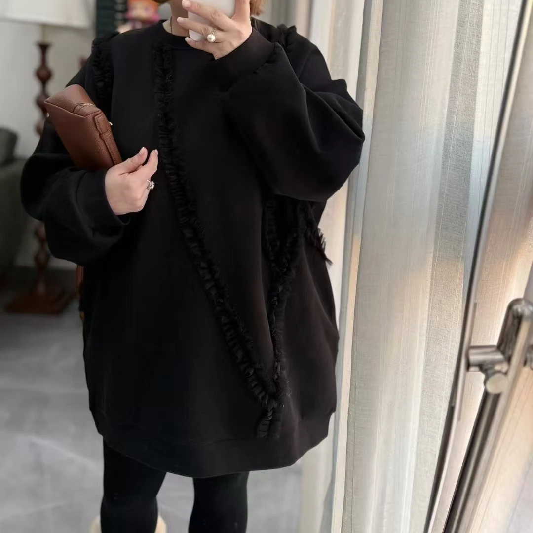 Meet遇见-冬季百搭花边加绒卫衣