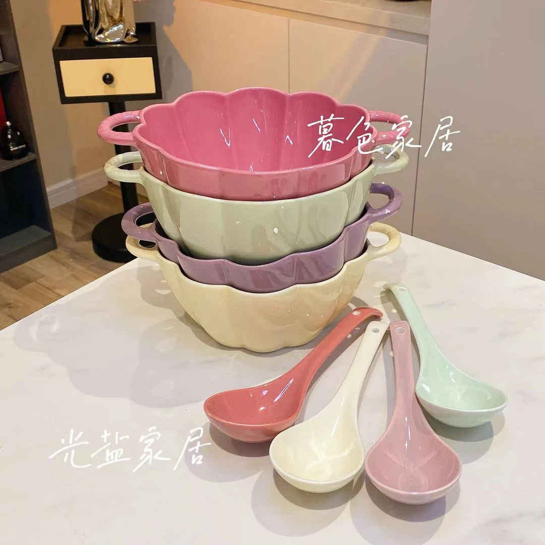 【大汤碗+勺】奶油风紫色大容量汤碗勺陶瓷家用汤勺双耳餐具组合