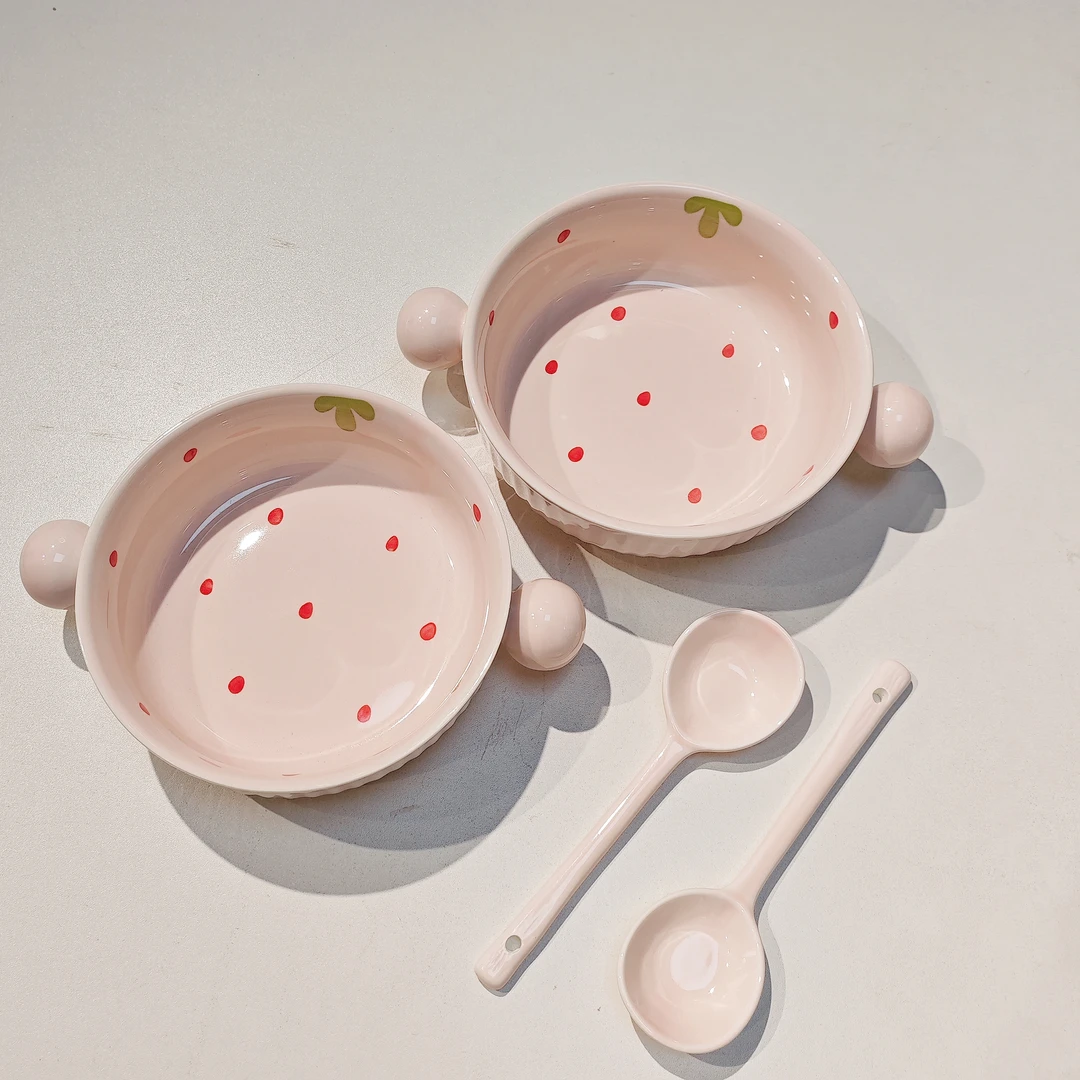 【双球汤碗+长柄勺】奶油风手把碗少女心汤碗勺陶瓷餐具家用釉下彩