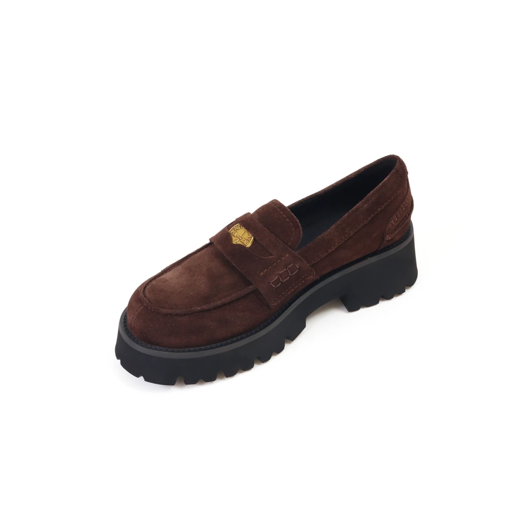 英伦风小金币乐福鞋女新款复古一脚蹬牛皮粗跟厚底小皮鞋231108