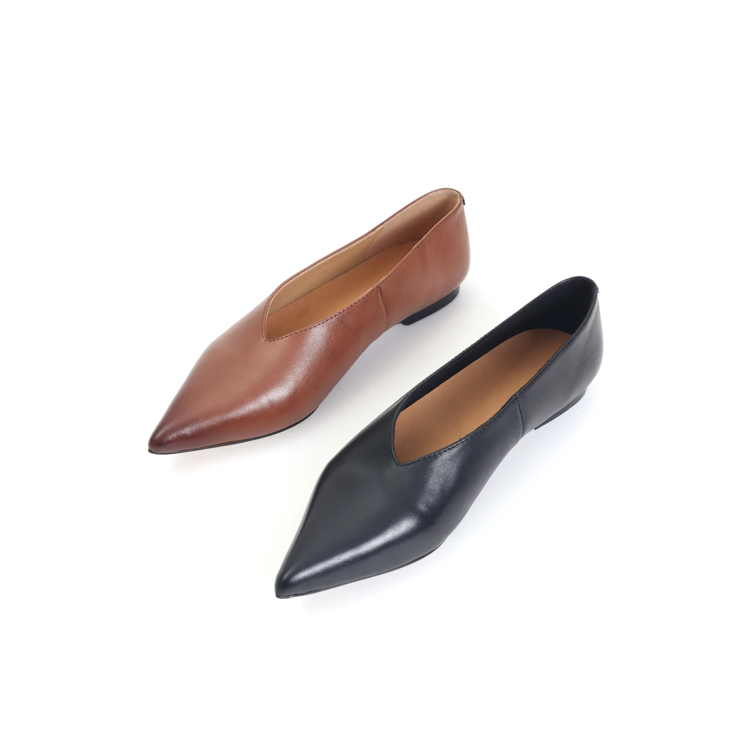 牛皮版~尖头单鞋女平跟纯色通勤浅口平底鞋百搭舒适女鞋937-1