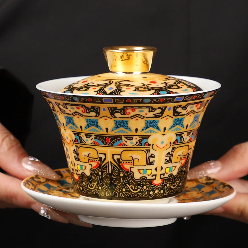 悬停盖碗中式高档手工功夫茶具经典陶瓷三才盖碗羊脂玉陶瓷盖碗