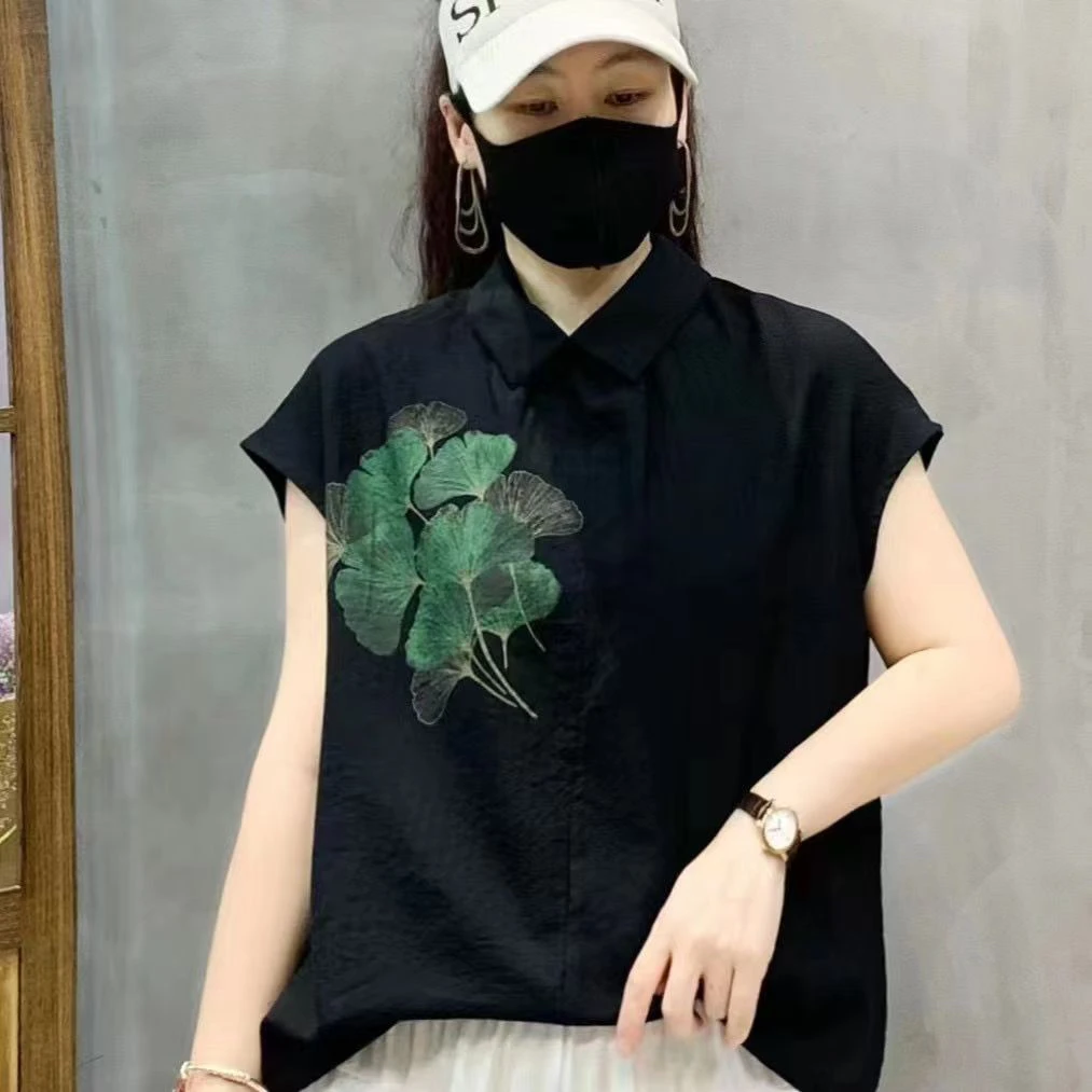 衬衫夏季马甲中式气质背心黑色印花小衫衬衣时尚立领中国风复古