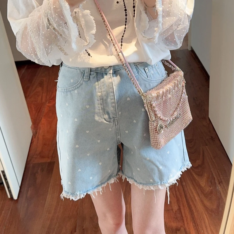 【张静芝】满身小爱心蕾丝拼接牛仔短裤