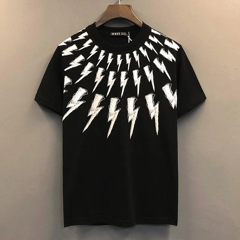 欧美潮牌夏季棉质短袖t恤男2024新款闪电宽松大码男士半袖打底衫