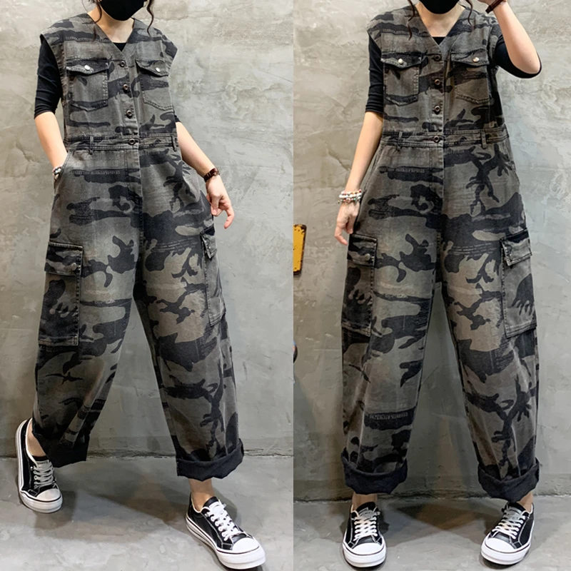 新款高品质个性迷彩牛仔连体裤女宽松显瘦背心连衣裤