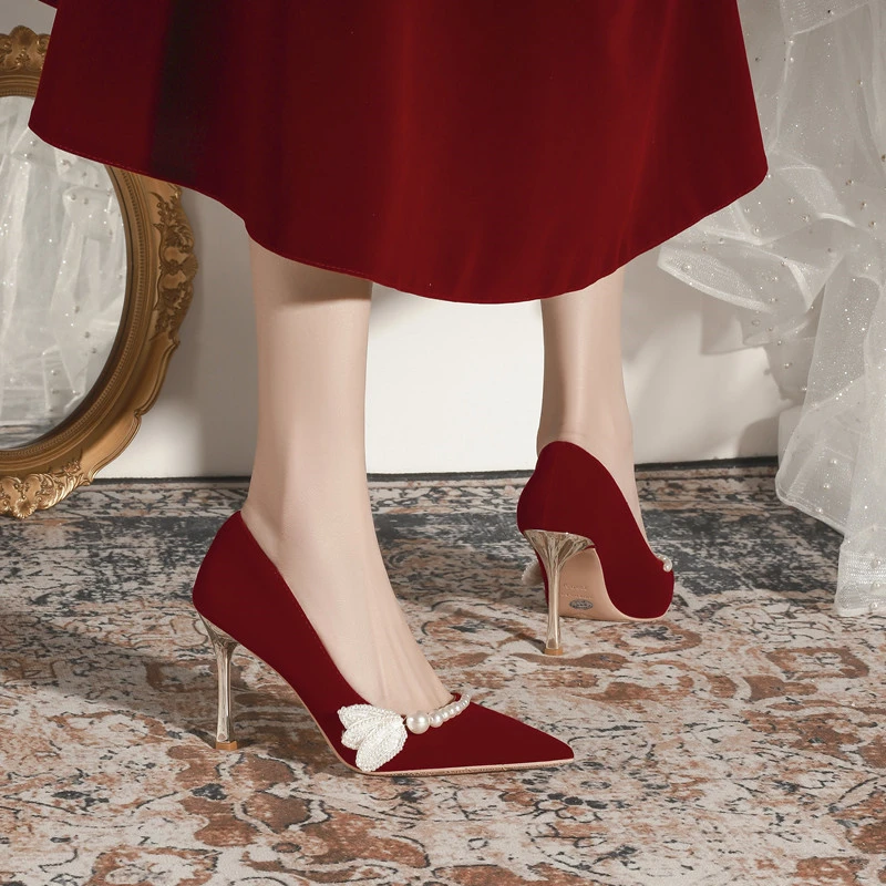 婚鞋红色尖头高跟鞋细跟新娘珍珠单鞋小码313233大码40 41 43女鞋