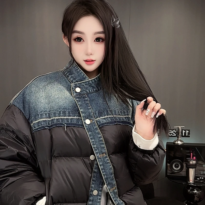 拼接牛仔羽绒服女2024冬季新款欧货设计感立领面包服外套长袖上衣