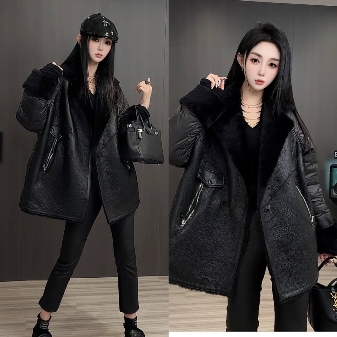 皮毛一体羽绒服2025秋冬季新款欧货皮草外套中长款黑色皮羽绒显瘦
