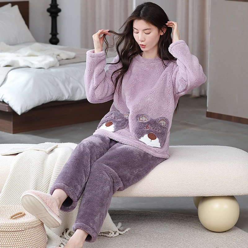 秋冬新款加厚加绒珊瑚绒长毛绒保暖宽松甜美女长袖卡通法兰绒套装