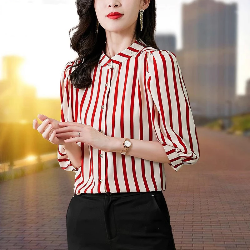 条纹衬衫领t恤女夏季2024新款妈妈女装时尚气质减龄宽松短袖上衣