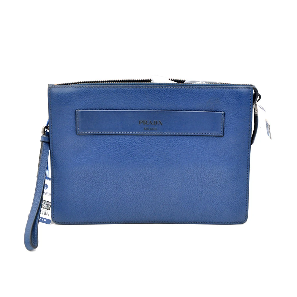 95新 Prada/普拉达  98新 海军蓝荔枝纹双面手拿包26*18/67578