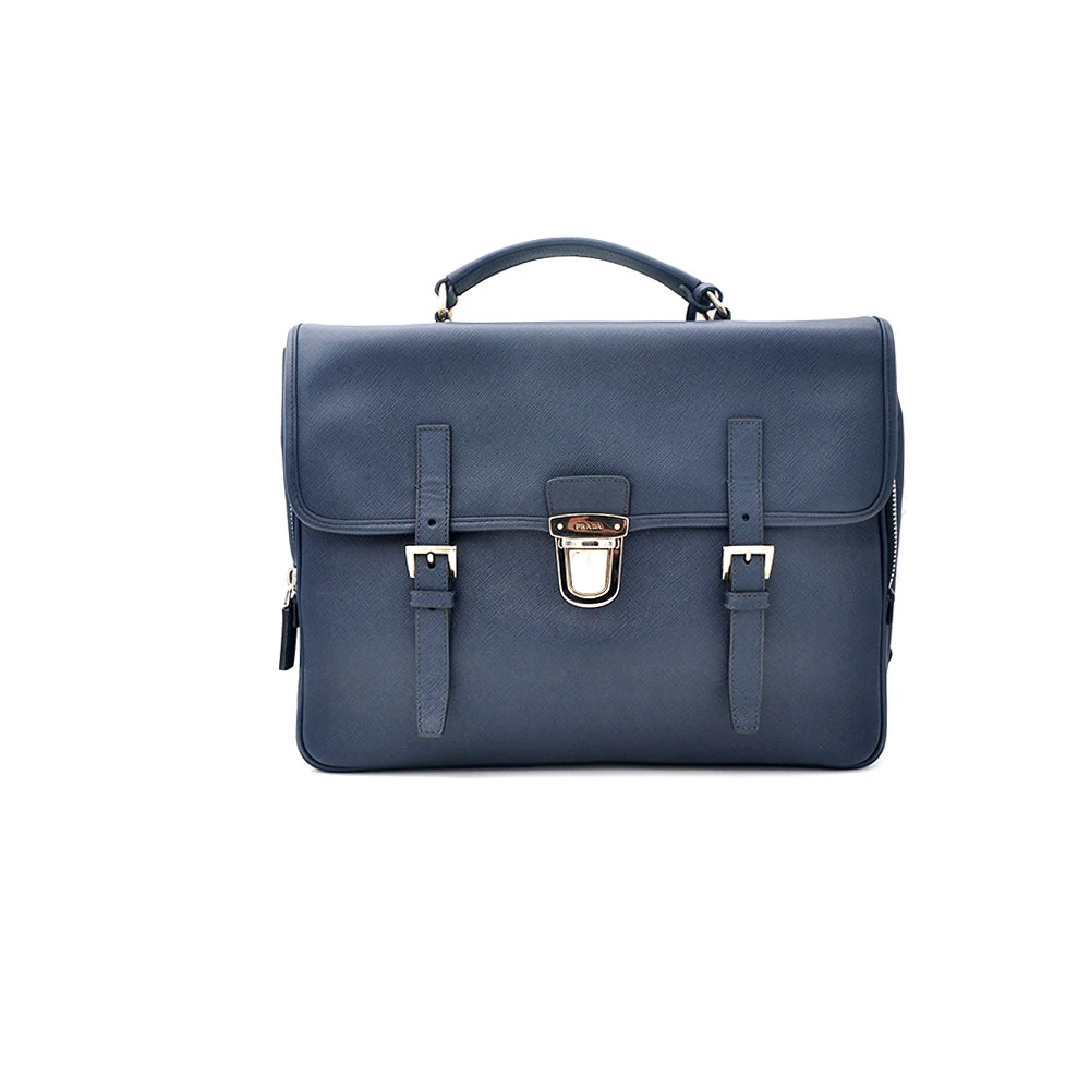 95新 Prada/普拉达 97新闲置 海军蓝翻盖手提公文包36*28/53763