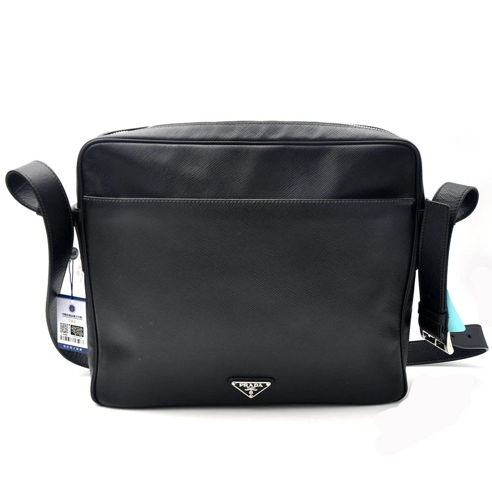 95新 Prada/普拉达 98新 经典十字纹黑银双层单肩记者包/69348