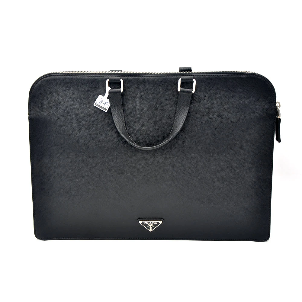 95新 Prada/普拉达 96新闲置 黑色十字纹全皮双层手提公文包/0438