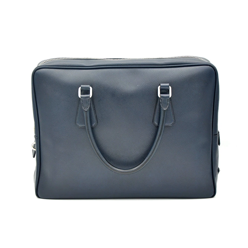 95新 Prada/普拉达 97新 海军蓝十字纹全皮手提公文包/5661