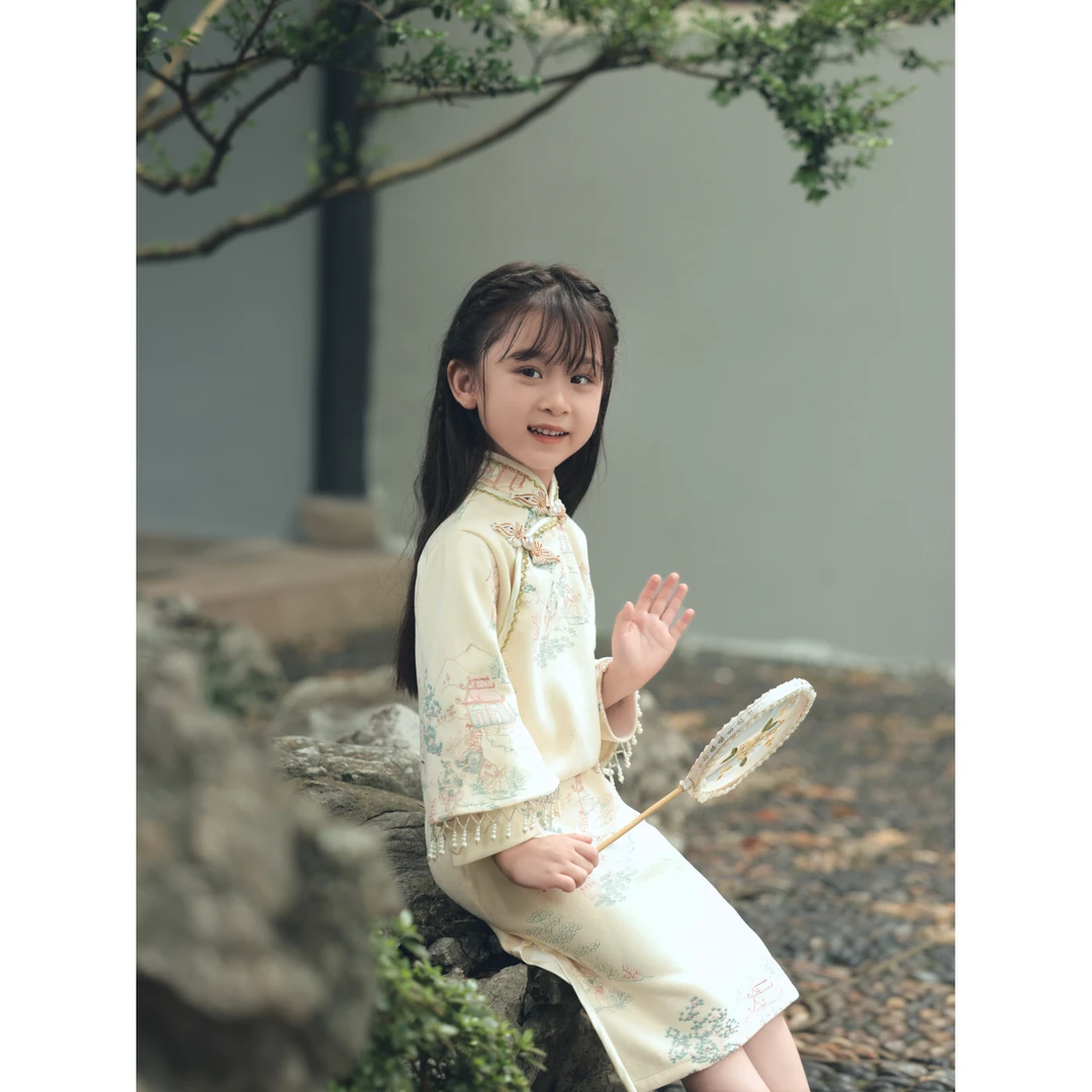 新款旗袍秋季女童开襟时尚中国风演出服文艺复古公主裙古风