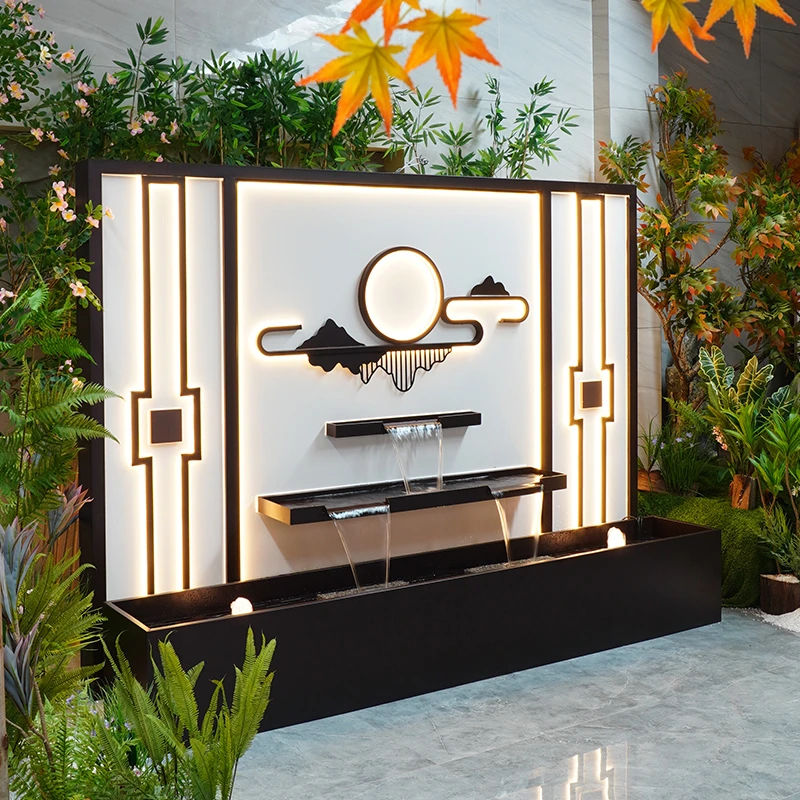 不锈钢庭院景墙影壁墙屏风隔断现代简约涌泉流水喷泉叠水瀑布摆件